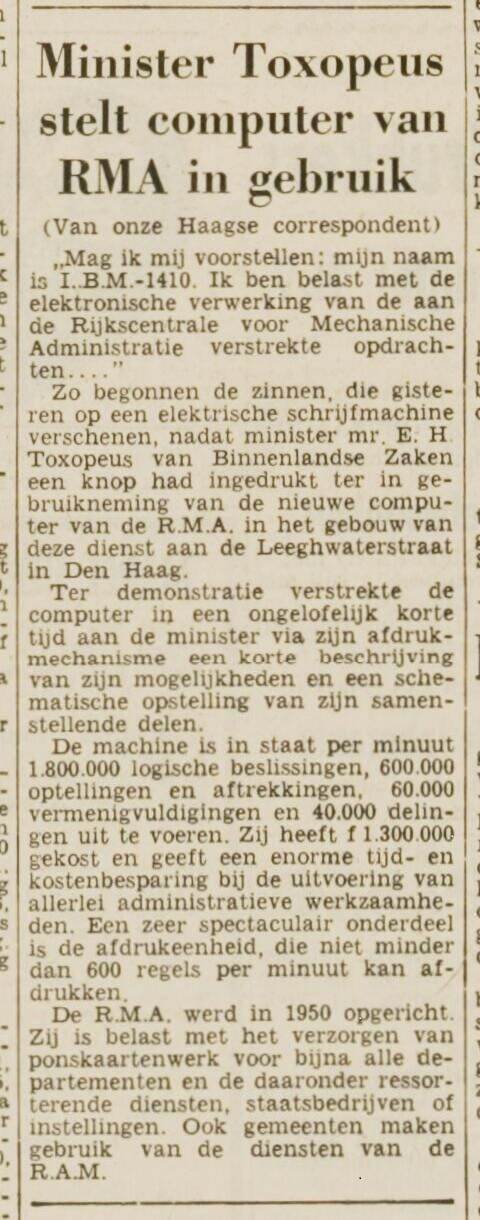 Krantenartikel uit het Leidsch Dagblad van 4 januari 1963: 'minister Toxopeus stelt nieuwe computer van NWA in gebruik'